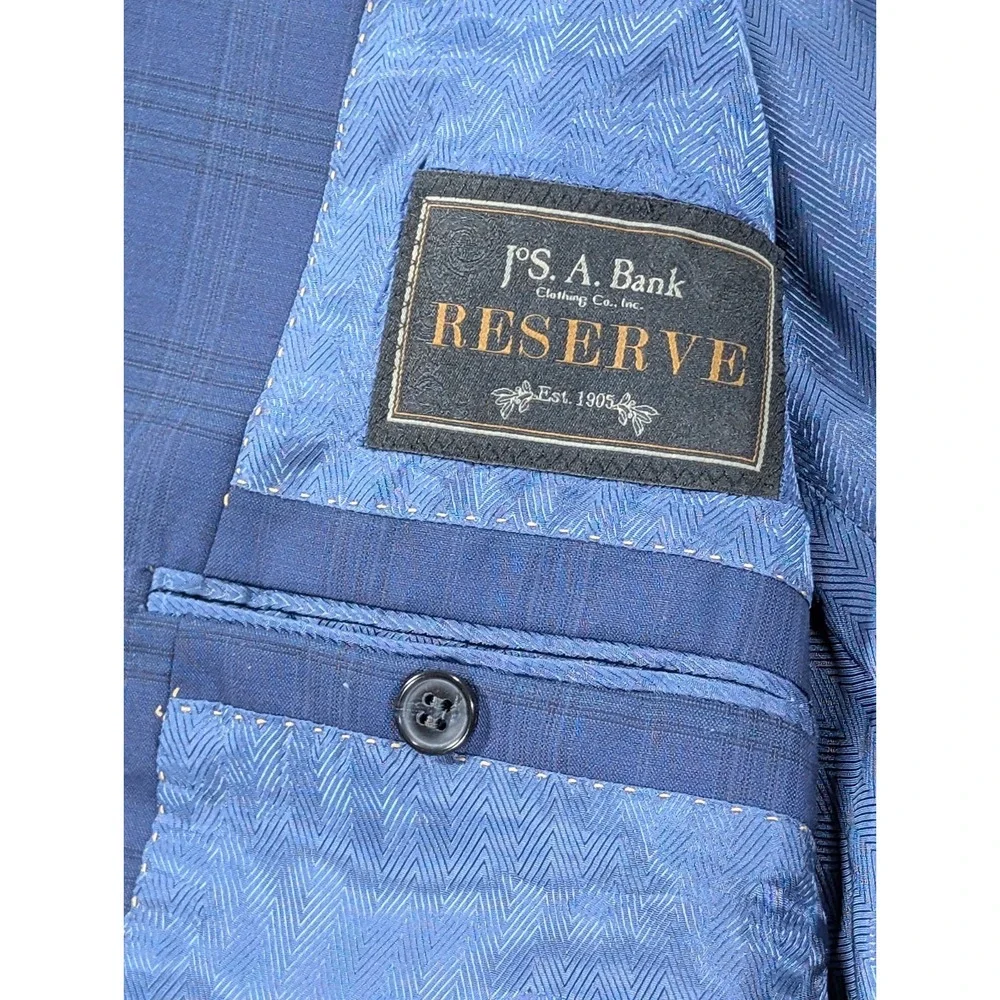 JoS A Bank Reserve Suit Mens 44R Blue Windowpane Glen Plaid Wool Italian Fabric